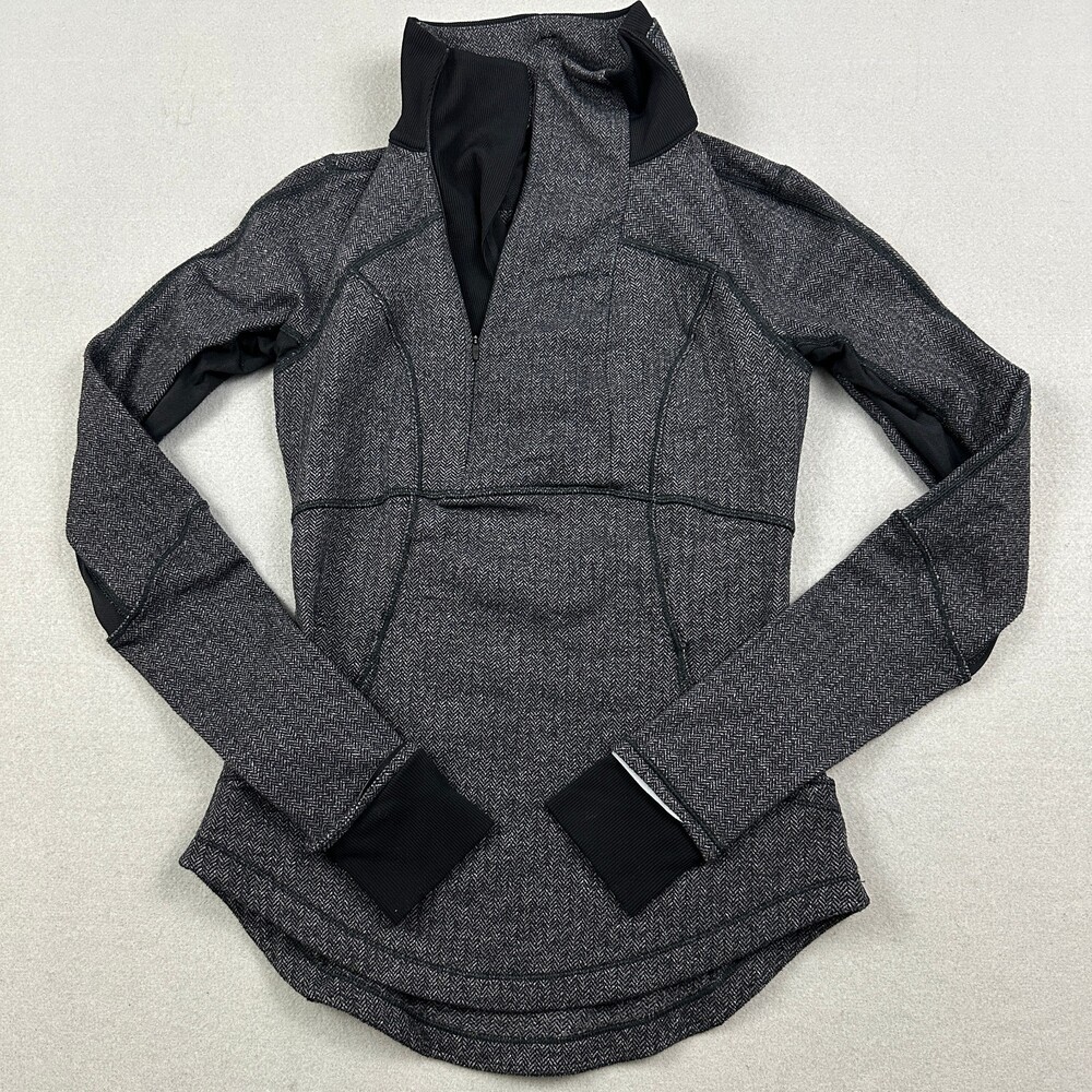 Lululemon Jacket Women 4 Heathered Herringbone Black Base Runner 1/2 Zip Pocket